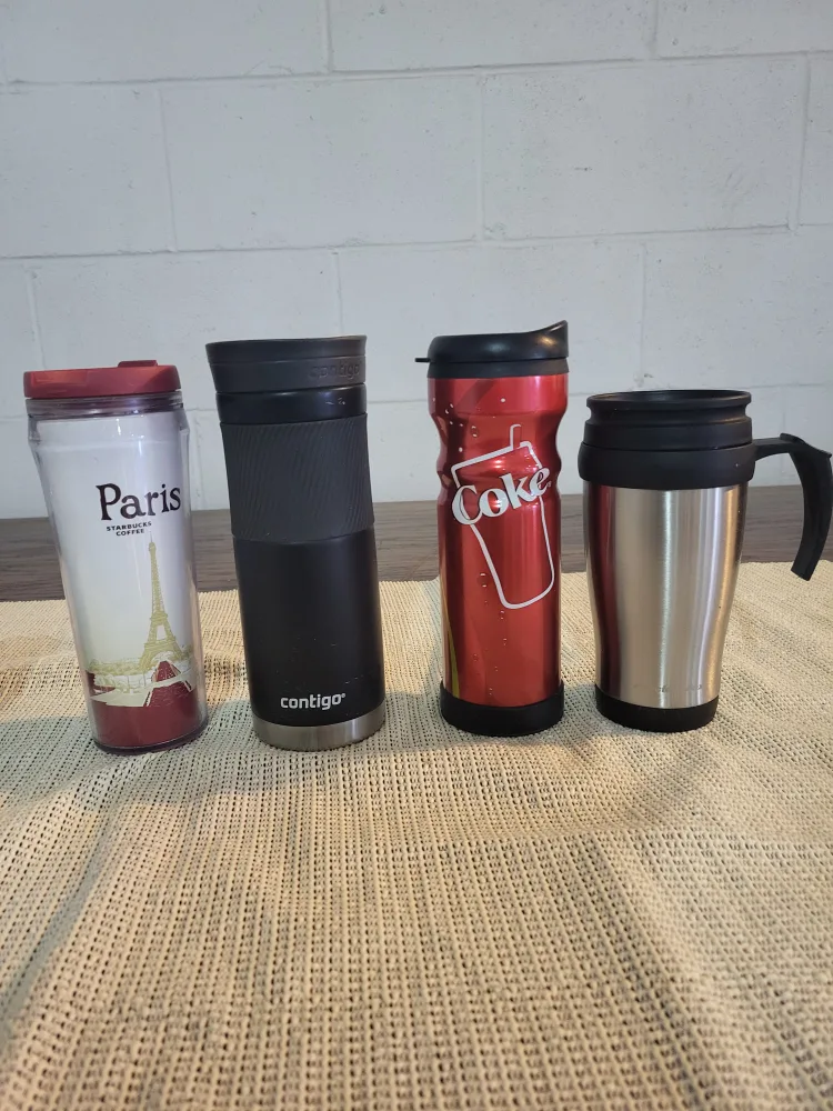 Variety of Travel Mugs: Starbucks, Contigo, Coke thumbnail