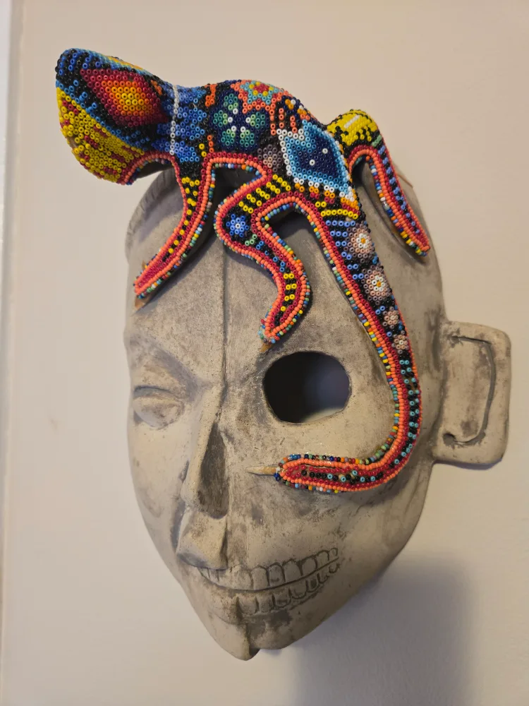 Vintage Handcrafted Mexican Gypsum Mask with Beaded Lizard image indicator(2)