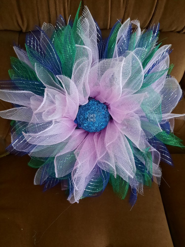 Handmade Mesh Flower Wreath - Purple, Blue, Green