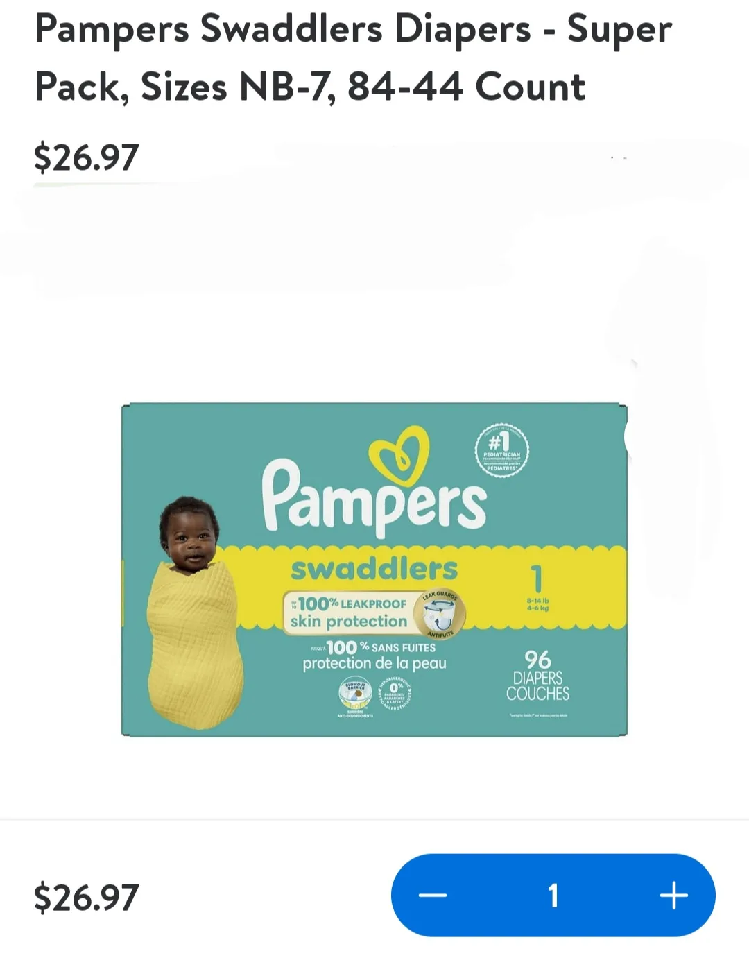 Pampers Swaddlers Diapers size 1 - Super Pack, 96 Count thumbnail