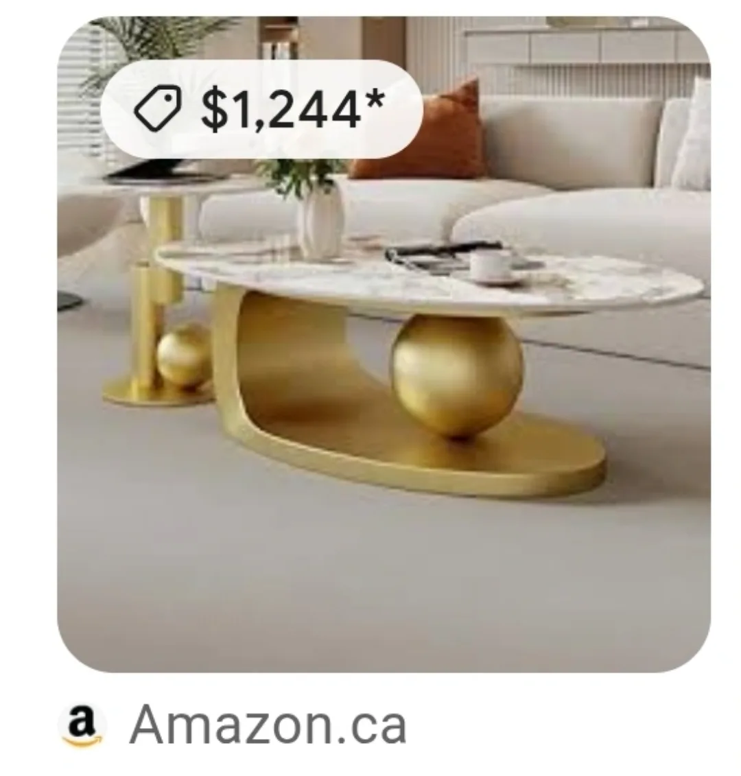 New Modern Oval Stone Coffee Table - Gold & Marble thumbnail