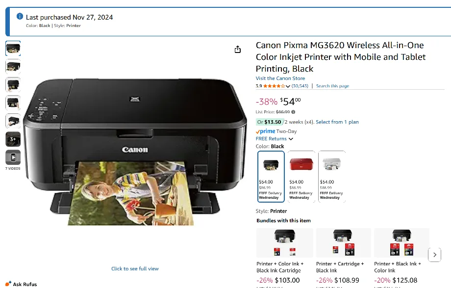 Canon Pixma MG3620 Wireless All-in-One Printer thumbnail