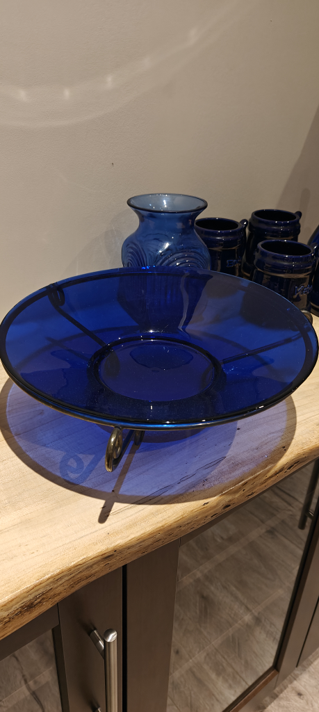 Blue Glass Serving Dish with Metal Stand - photo 3