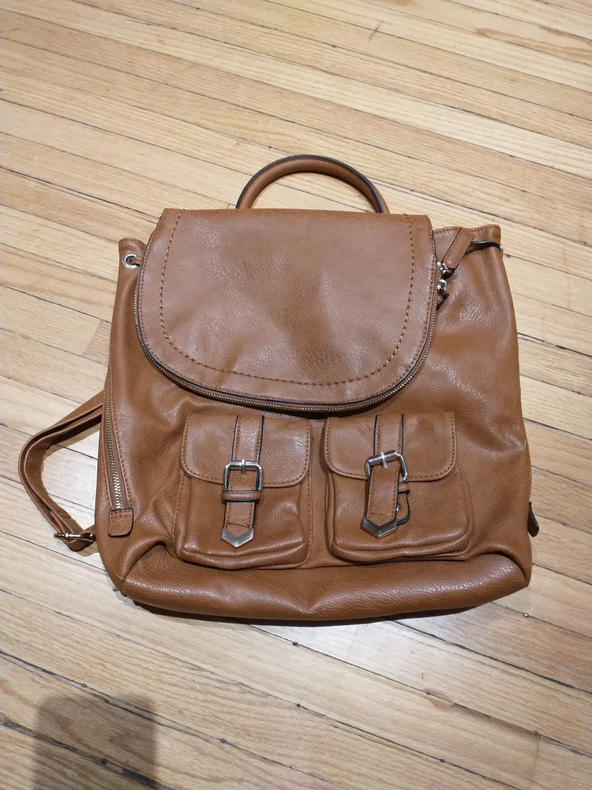 Large light brown faux leather backpack bag thumbnail