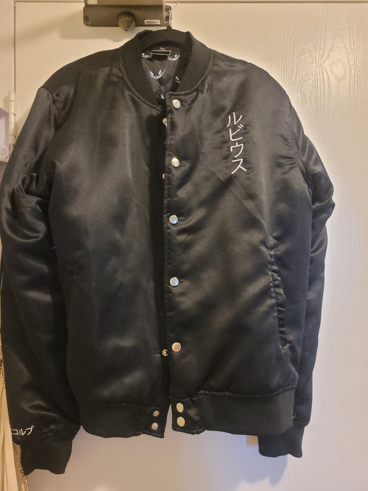 Black Bomber Jacket with Graphic Design