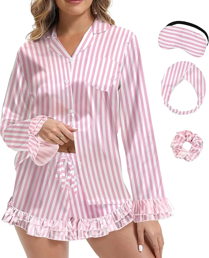 Pink Striped Pajama Set with Eye Mask & Scrunchie thumbnail