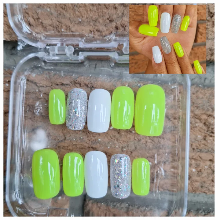 Press-on Nails - Neon Green, White & Glitter thumbnail