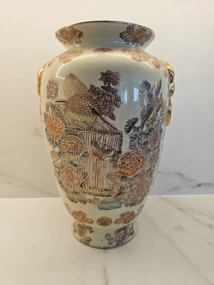 Vintage Japanese Satsuma Ware Floral Vase with Bird Design thumbnail