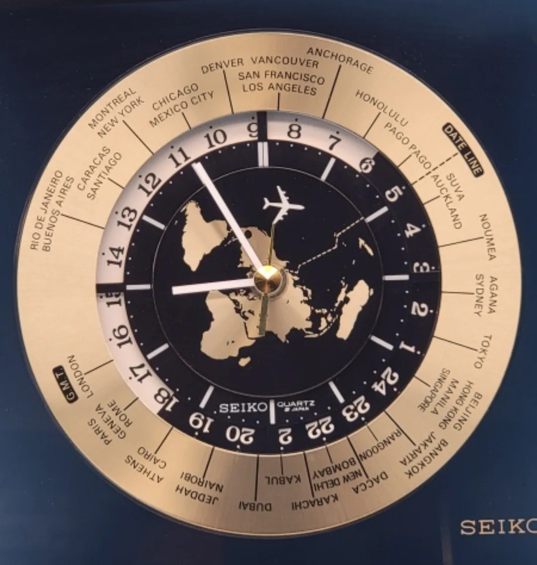 🥳VGC🤩 Seiko Quartz WORLD TIME CLOCK Brass/ Glass image indicator(2)