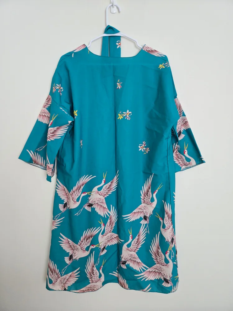 Teal Crane Print Kimono Dress image indicator(4)