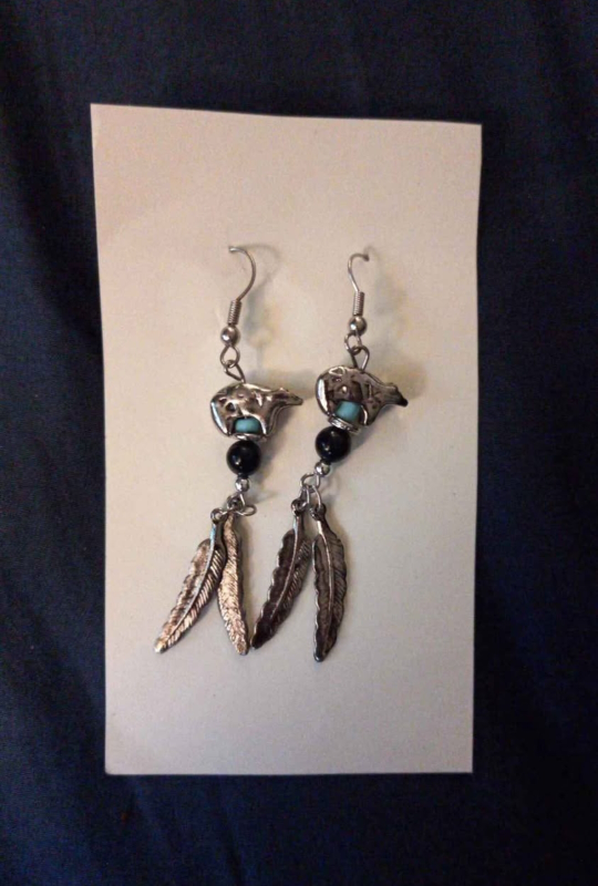 Silver Bear & Feather Dangle Earrings