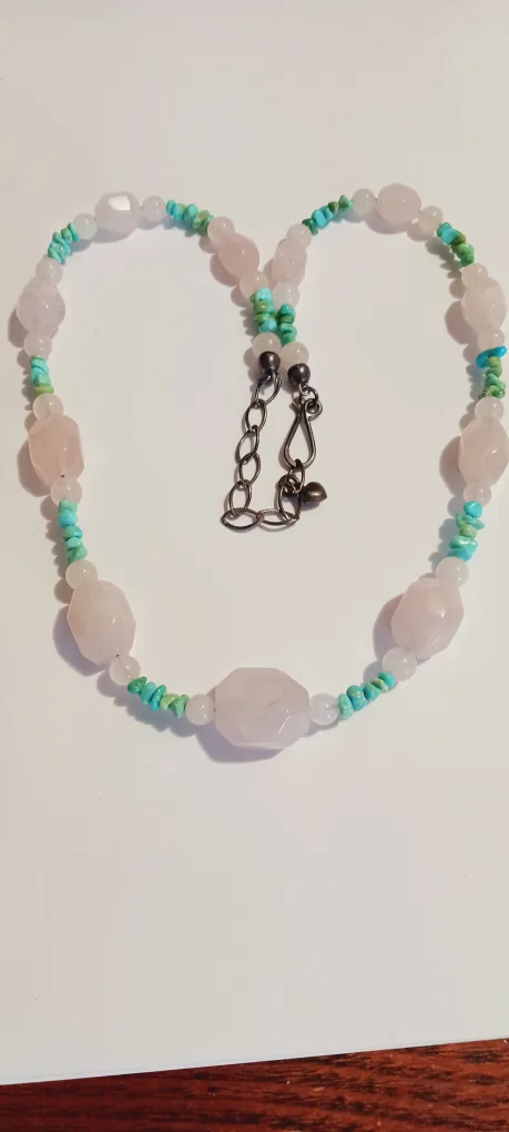 Sterling Silver  925  Genuine Rose Quartz &  Turquoise Necklace thumbnail