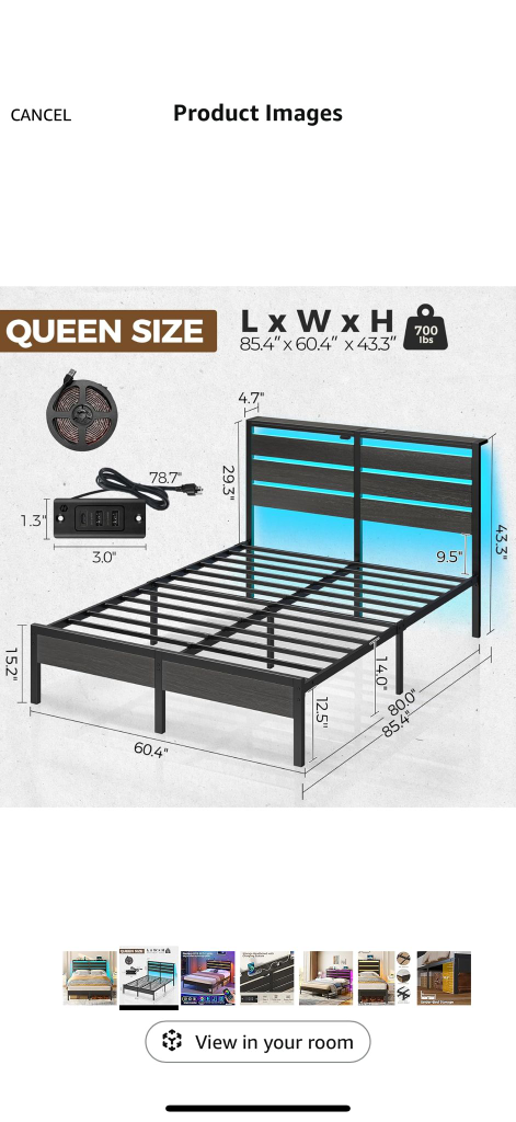 Queen Bed Frame w/ USB & LED - photo 2
