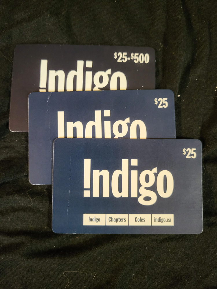 25 dollar indigo gift cards for 15 bucks each or 3 for 40