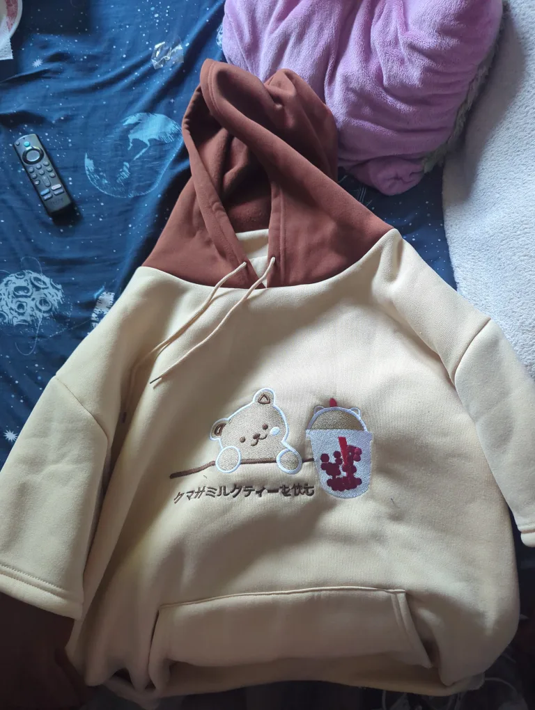 Cute Bear Bubble Tea Hoodie - Beige & Brown thumbnail
