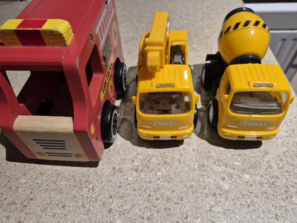 Wooden Toy Trucks - Fire Truck, Crane, Mixer