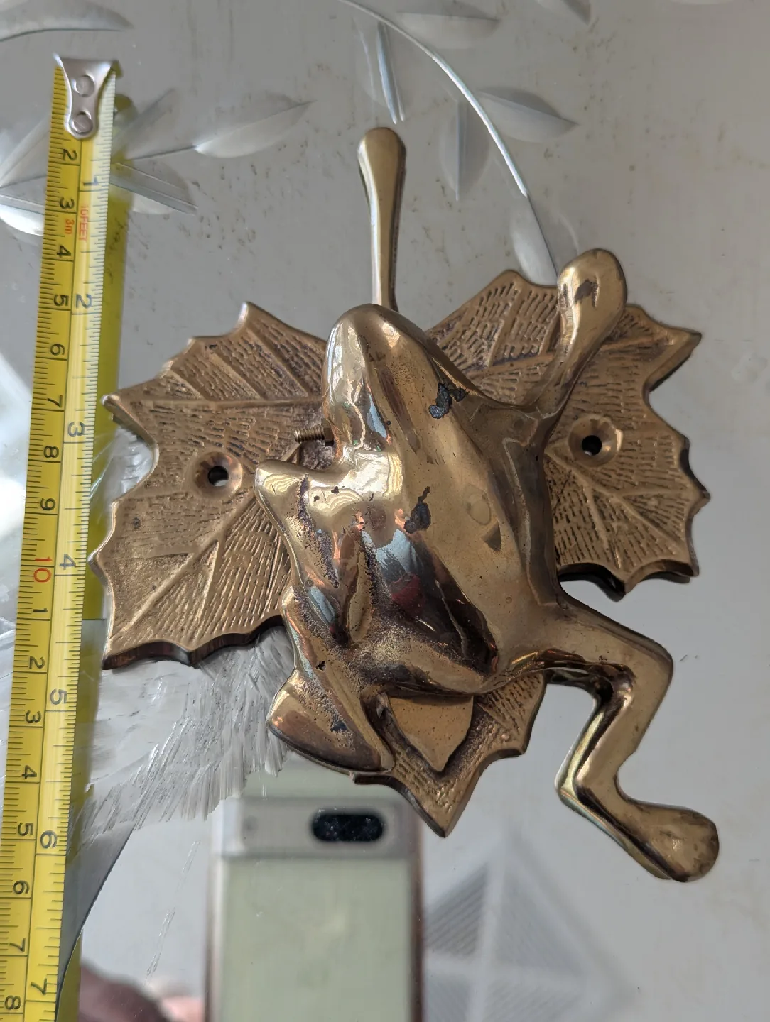 Vintage Brass Frog on Maple Leaf door knocker thumbnail