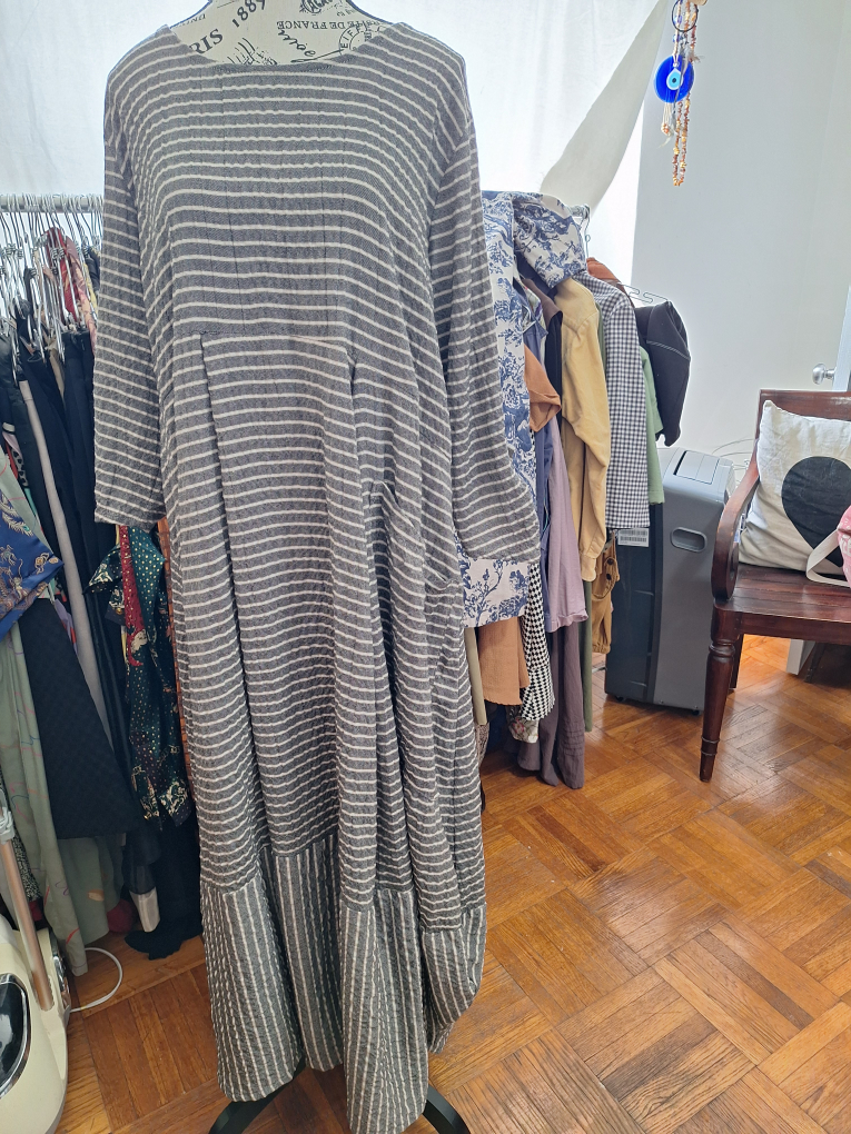 Striped Maxi Dress - Grey and White