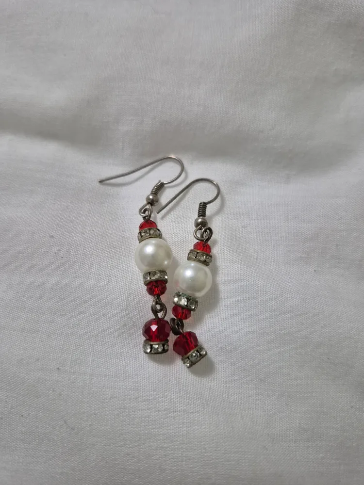 Pearl and Red Crystal Dangle Earrings thumbnail
