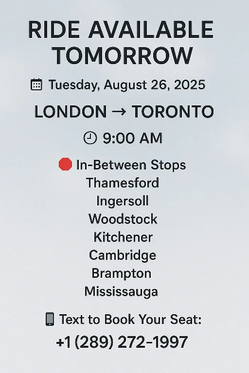Ride Available: London to Toronto - August 26, 2025 thumbnail
