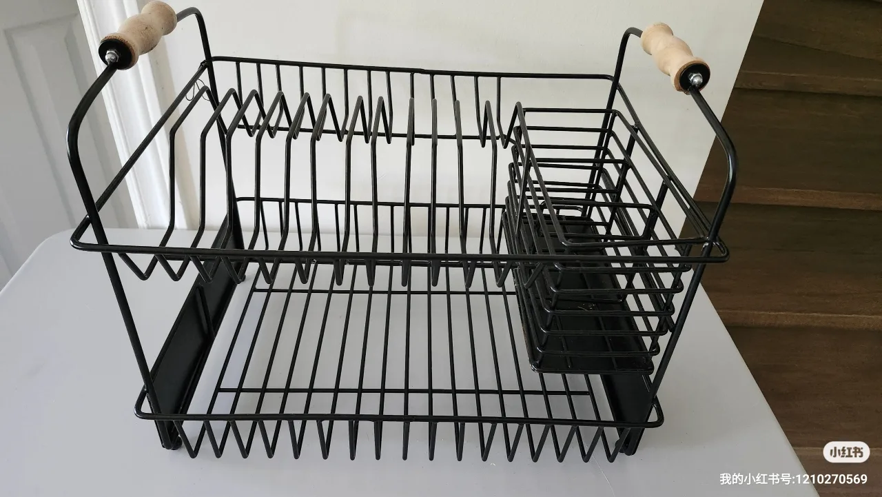 Black Metal Dish Rack with Wood Handles