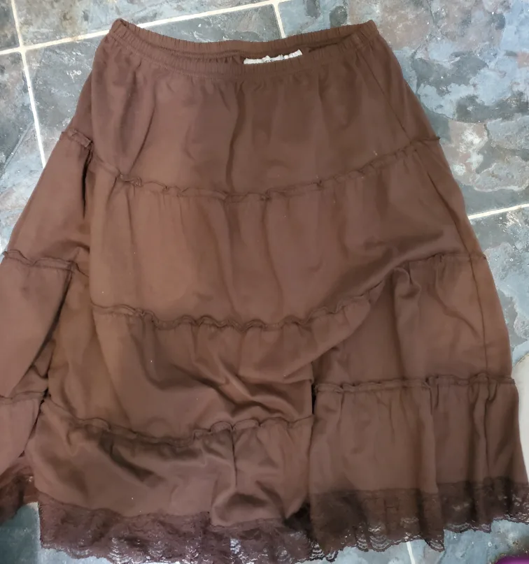 Brown midi skirt with brown lace hem thumbnail