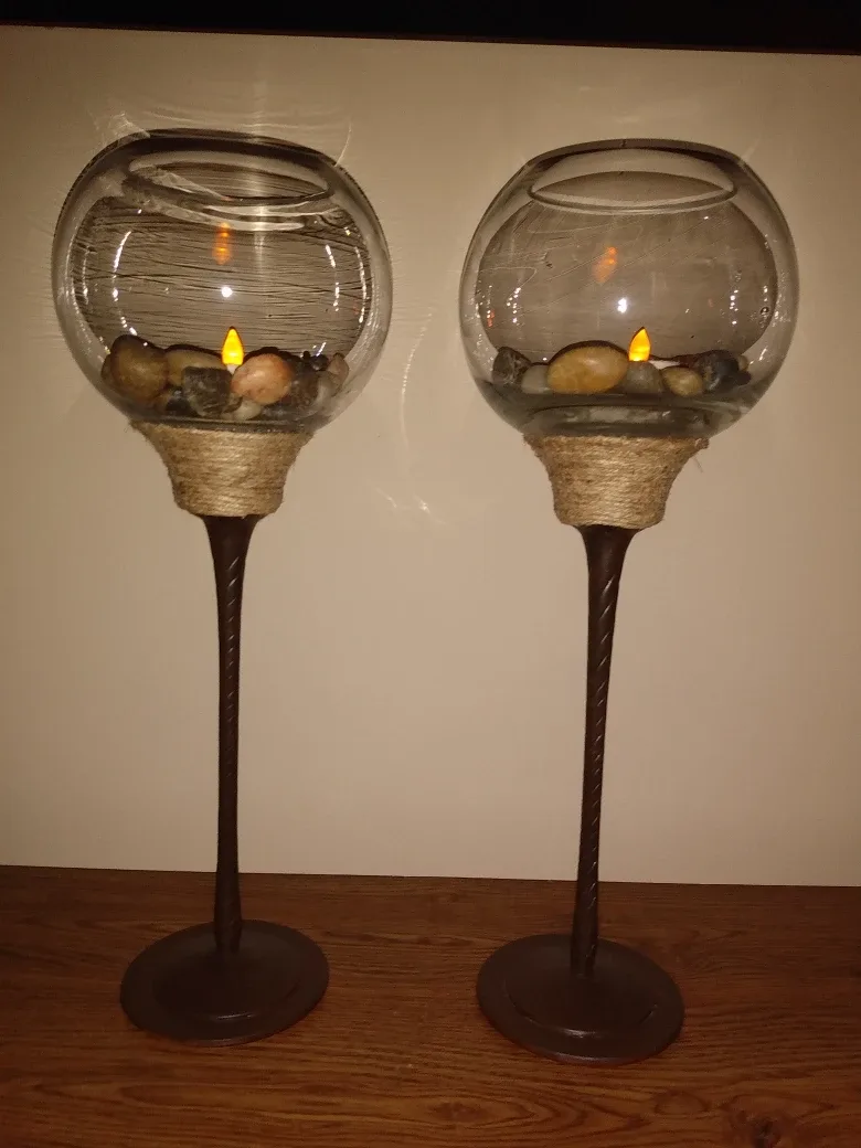 (New) Antique Pair of Candle holder with pebbles , brown bottom thumbnail