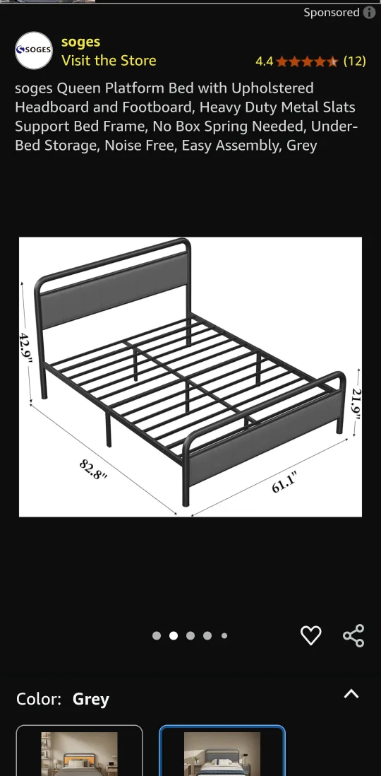 Soges Queen Platform Bed with Upholstered Headboard - Grey image indicator(3)