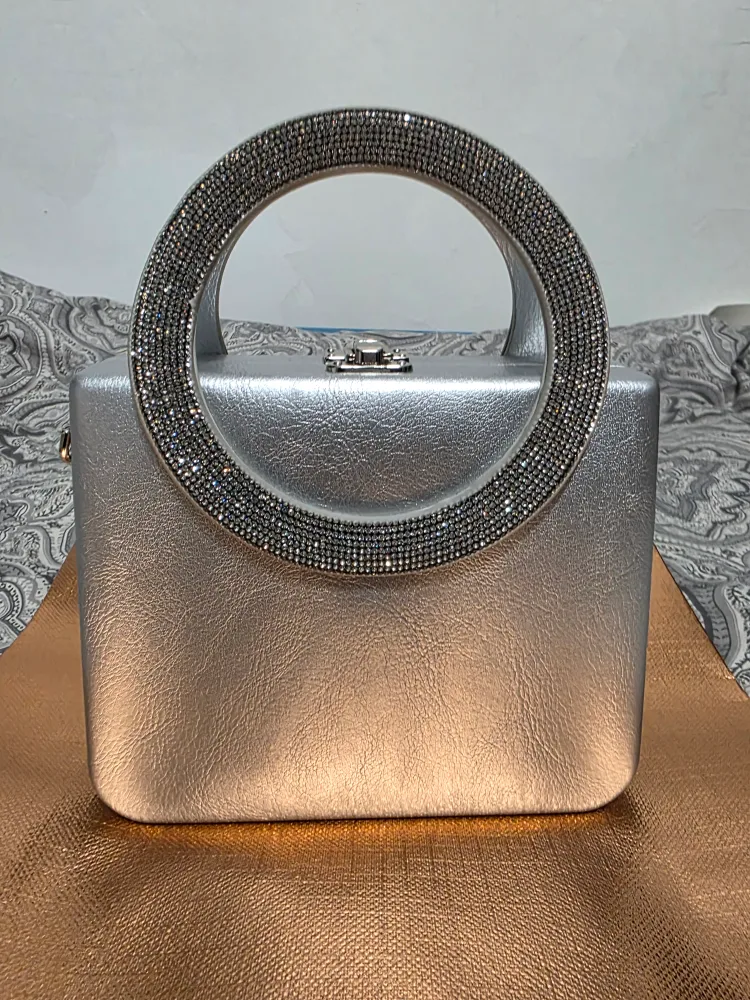 Silver Rhinestone Circle Handle Purse