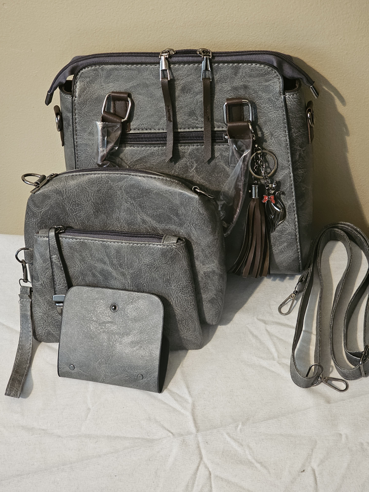 Gray Faux Leather 3-Piece Handbag Set