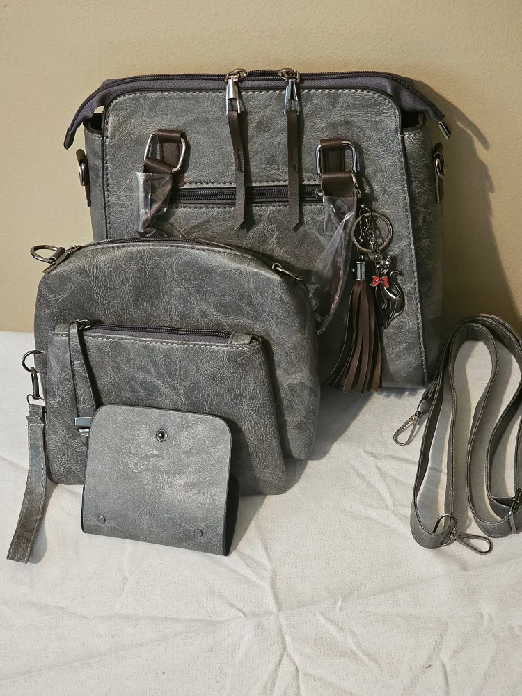 Gray Faux Leather 3-Piece Handbag Set thumbnail