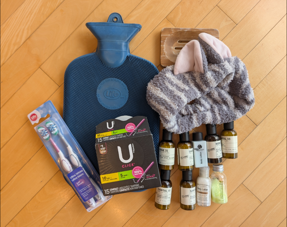 Toiletries lot - hot water bottle, toothbrushes, headband etc.