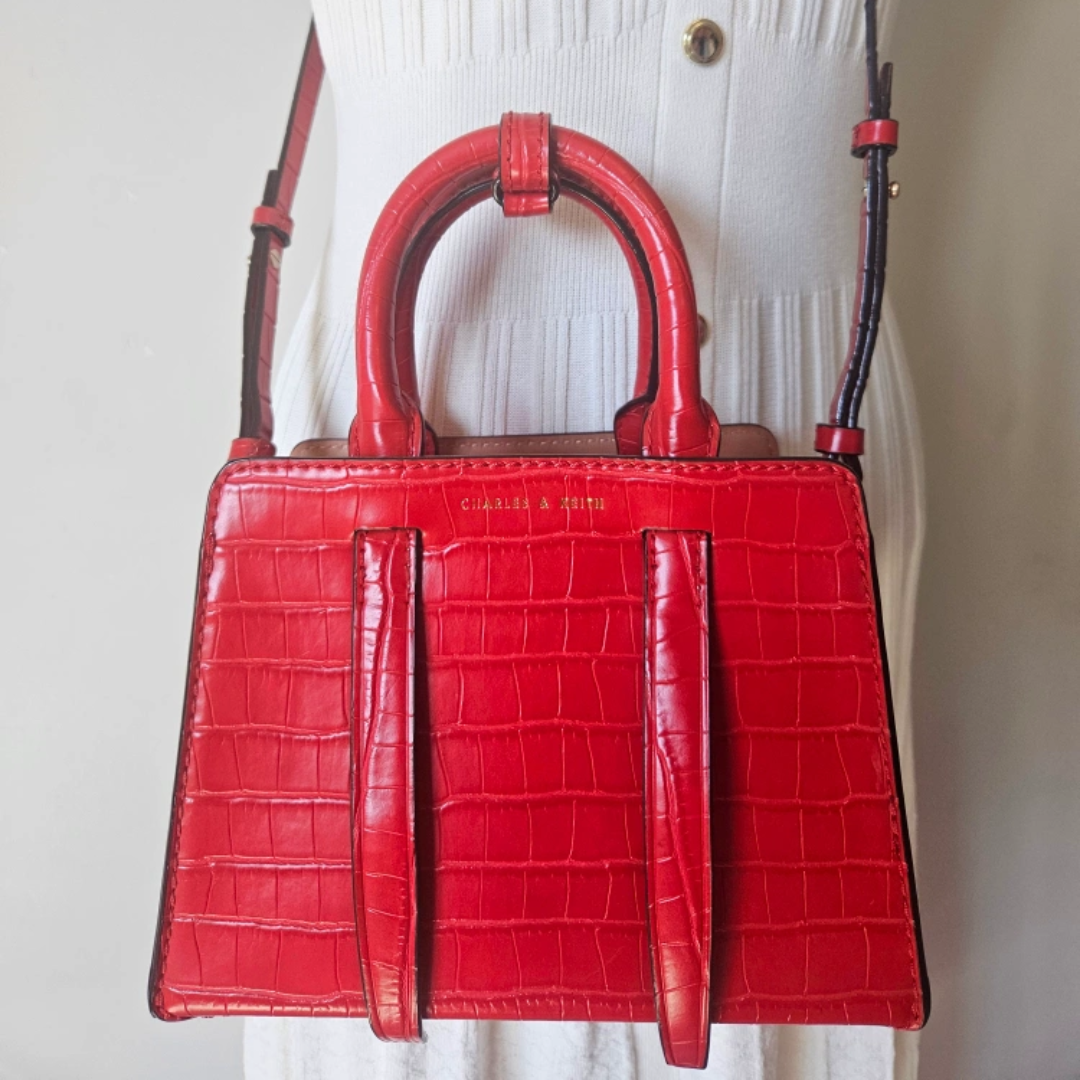Charles & Keith Red Croc Effect Top Handle Bag