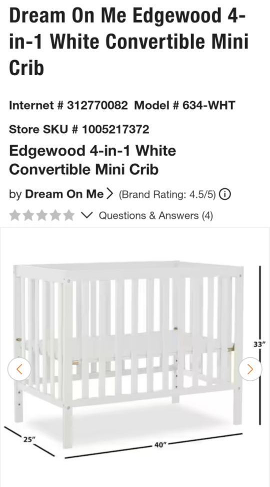 Dream On Me Edgewood 4-in-1 White Mini Crib