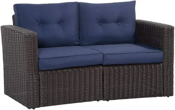 Black PE Rattan Wicker Loveseat with Navy Cushions image indicator(2)
