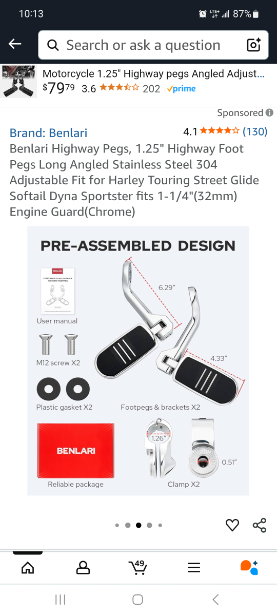 Benlari Highway Pegs - Chrome, Long Size brand new