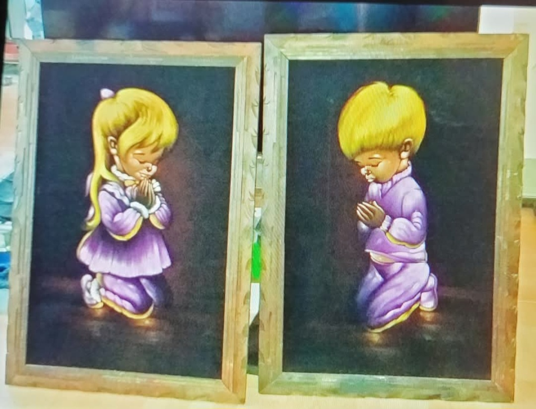 Framed Boy and Girl Praying Pictures on black velvet