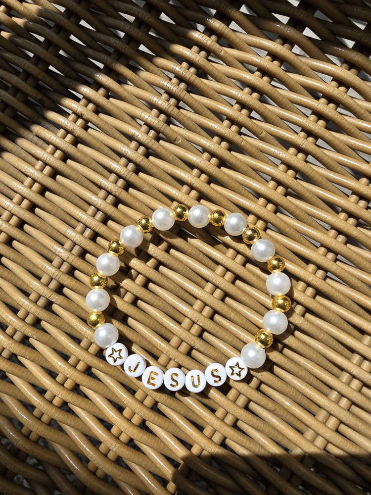 Pearl & Gold beads 'JESUS' Bracelet (Stretchable)