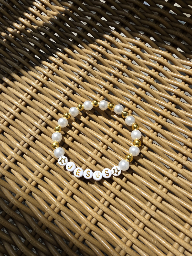 Pearl & Gold beads 'JESUS' Bracelet (Stretchable) - photo 2