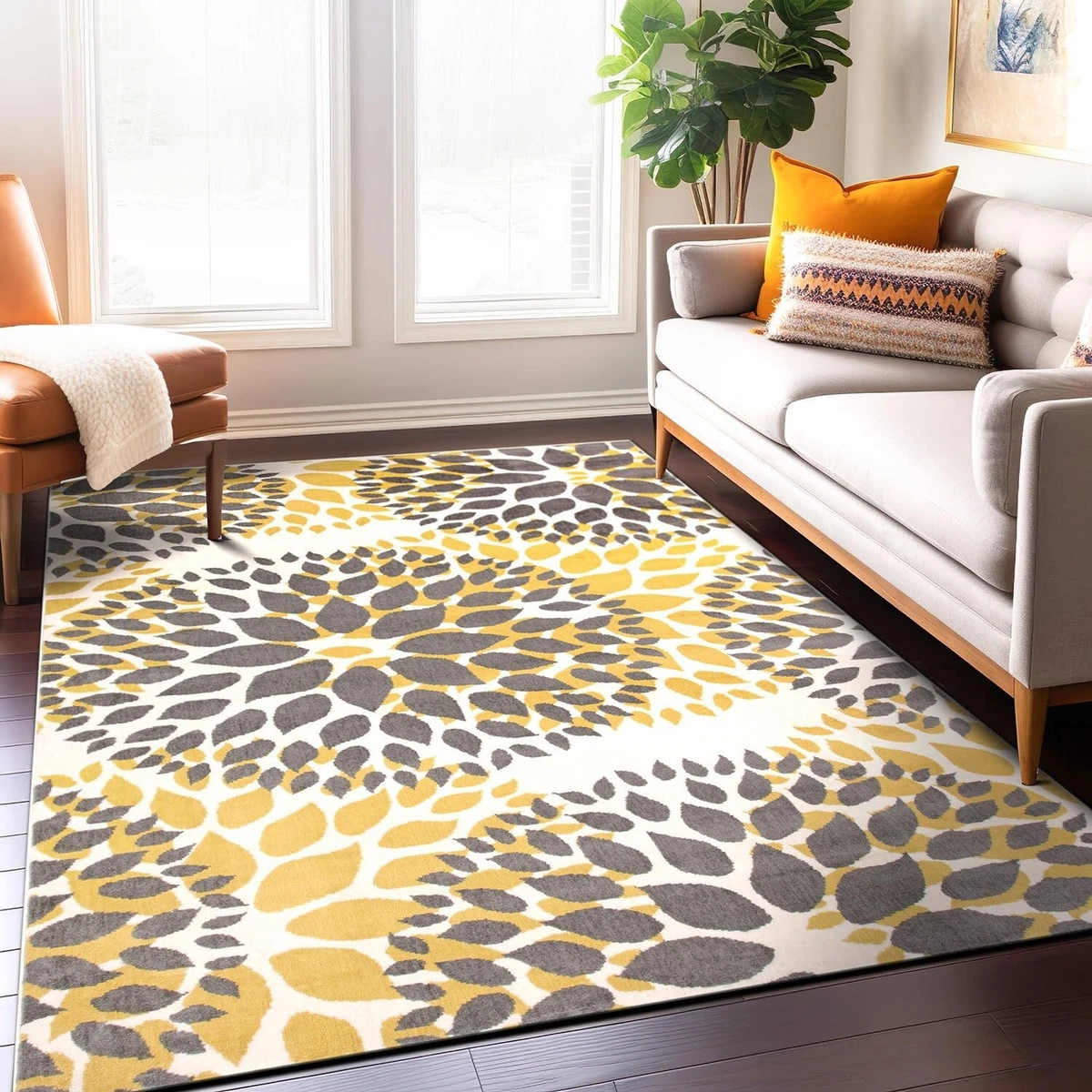 Floral Area Rug - Yellow/Gray 5x7