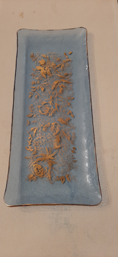 Decorative Blue Glass Tray with Gold Floral Design