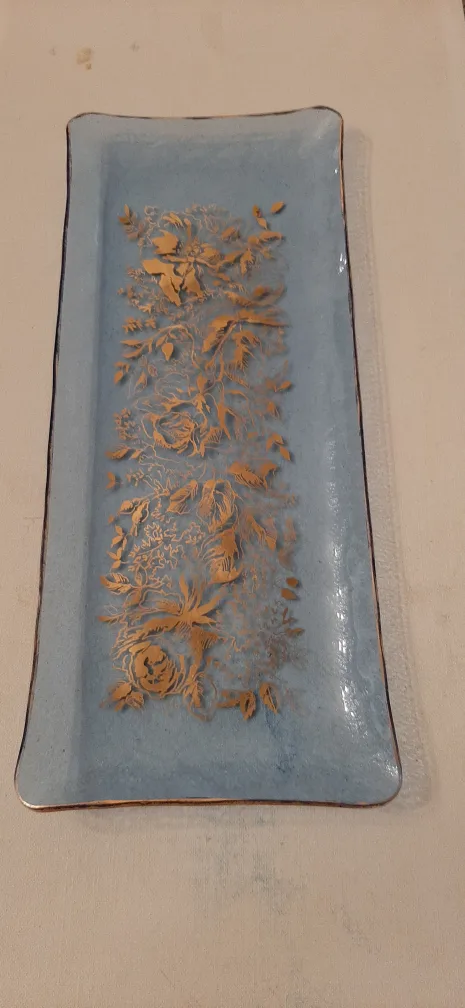Decorative Blue Glass Tray with Gold Floral Design thumbnail