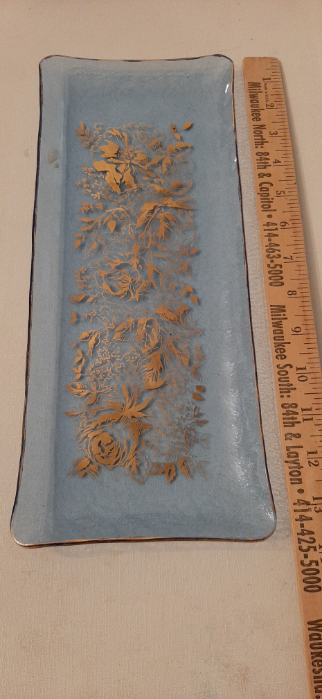 Decorative Blue Glass Tray with Gold Floral Design - photo 2