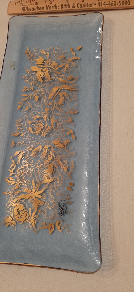 Decorative Blue Glass Tray with Gold Floral Design - photo 3
