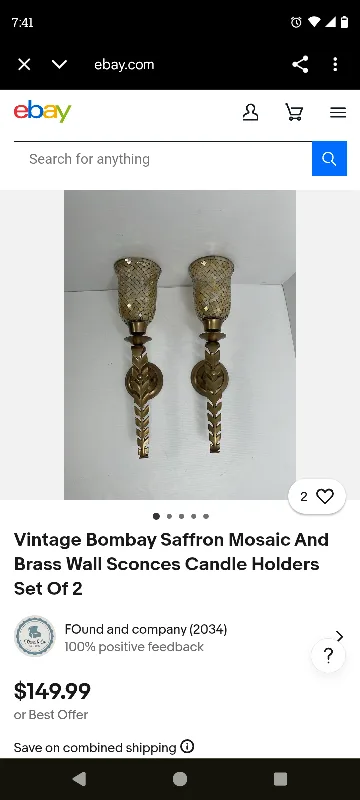 Vintage Mosaic Glass & Brass Wall Sconce Candle Holders image indicator(2)