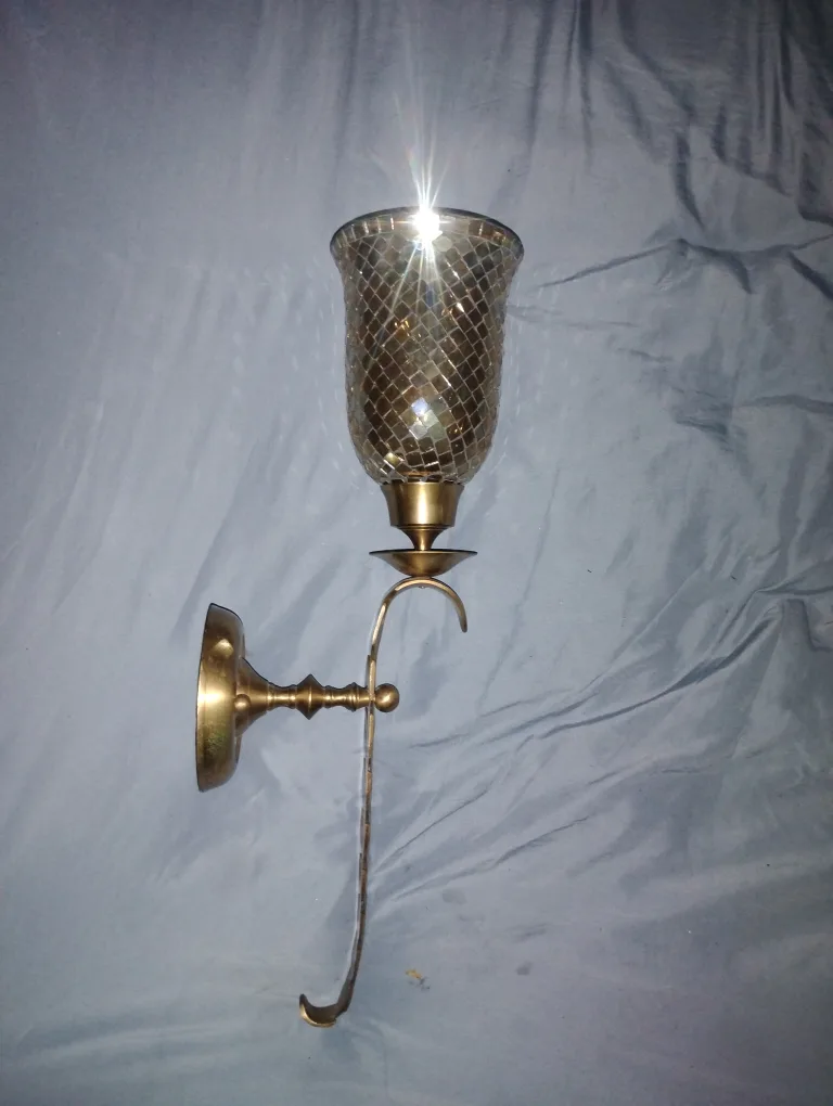 Vintage Mosaic Glass & Brass Wall Sconce Candle Holders image indicator(5)