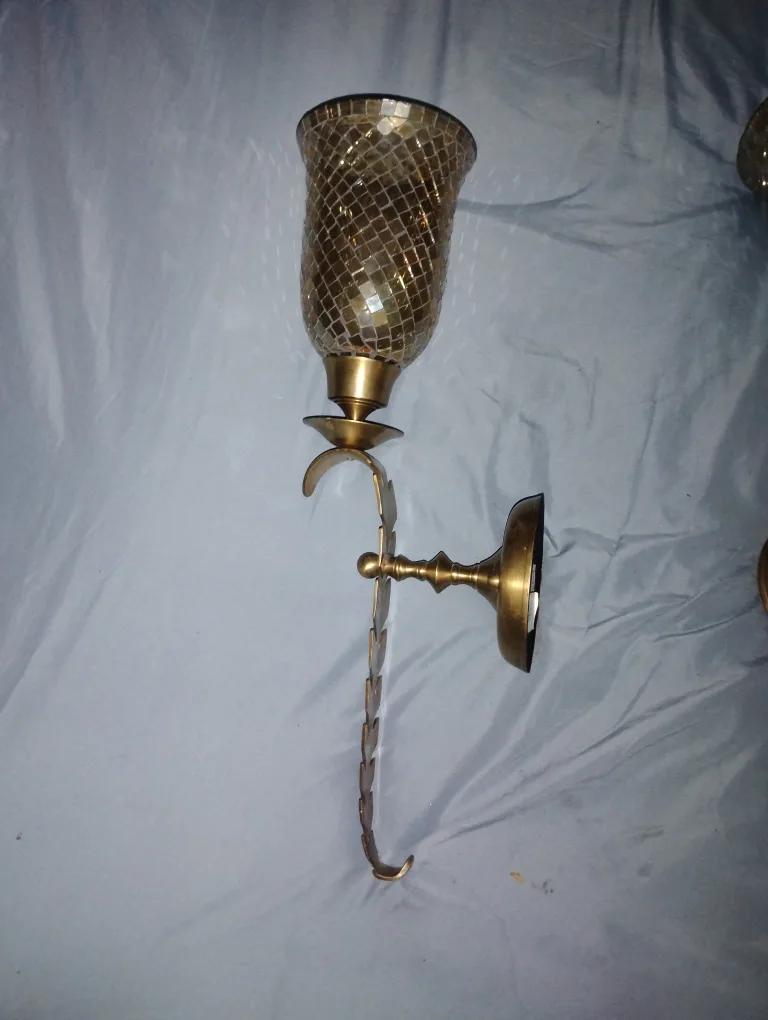 Vintage Mosaic Glass & Brass Wall Sconce Candle Holders image indicator(6)