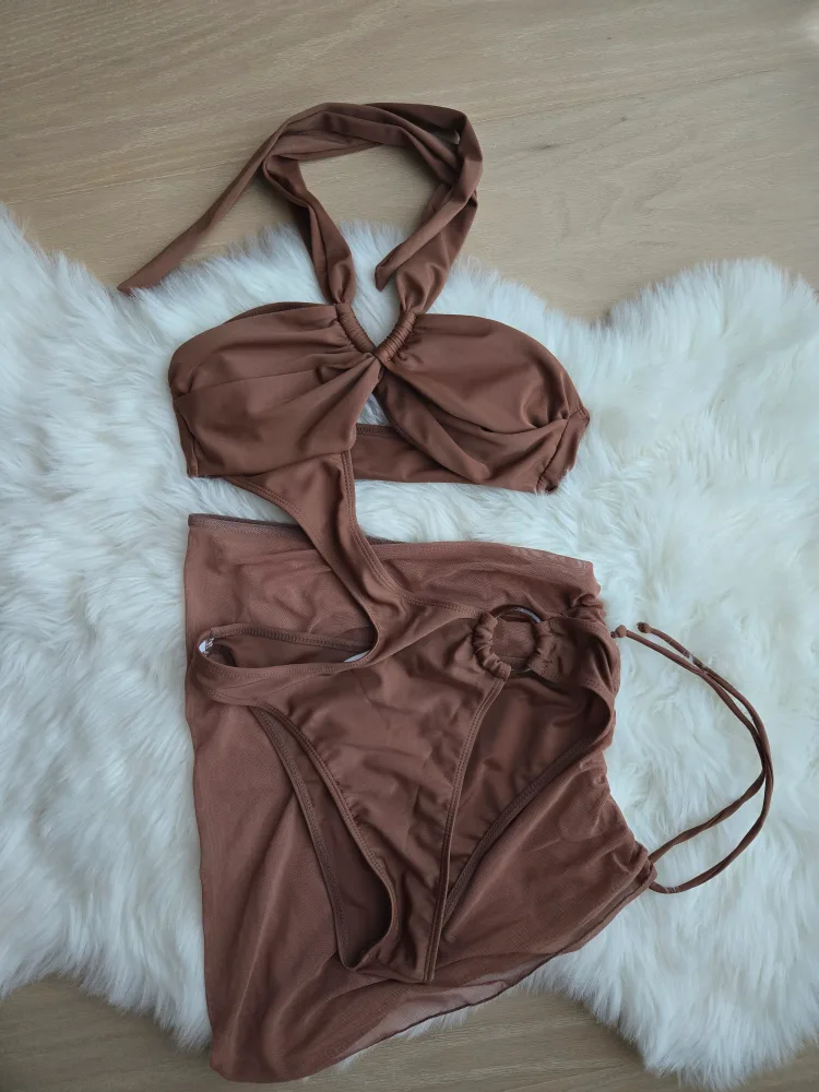 Brown Halter One-Piece Swimsuit with Sarong image indicator(2)