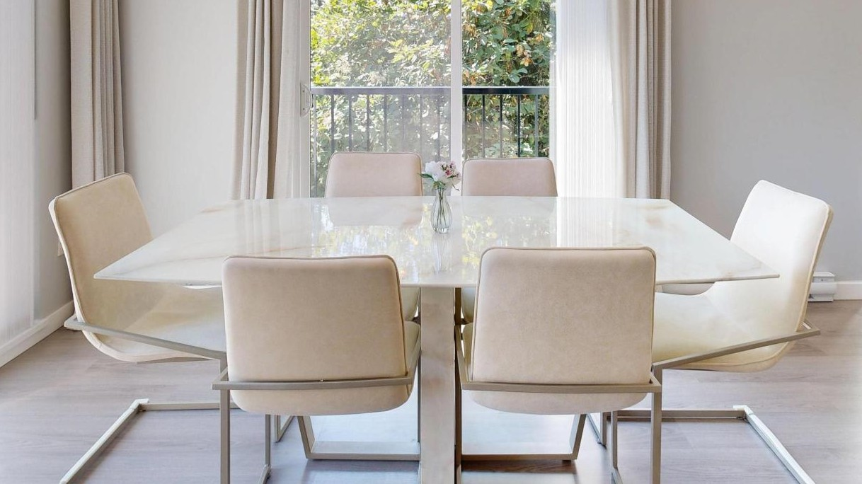 Glossy sintered stone marble look dining table 6 chairs