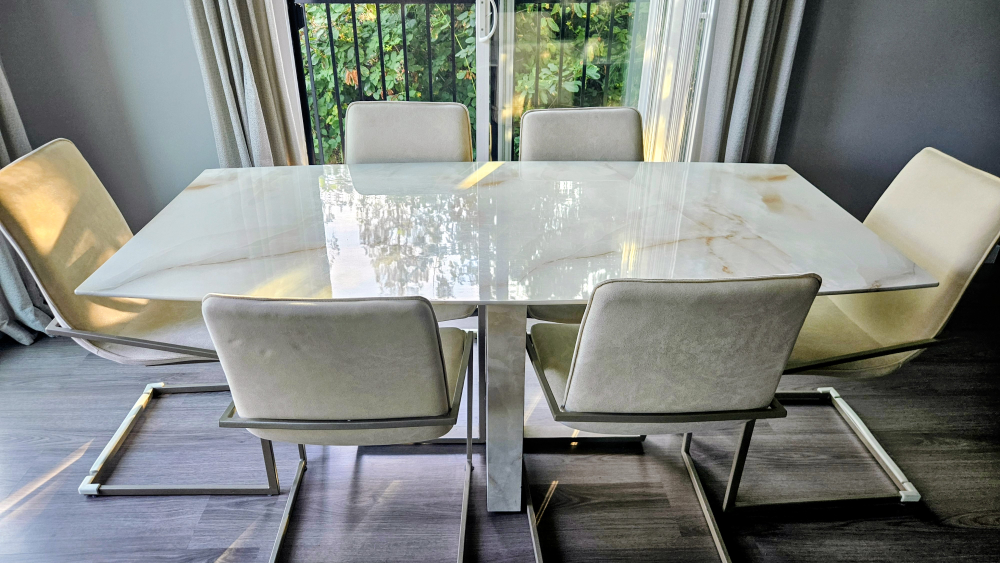 Glossy sintered stone marble look dining table 6 chairs - photo 2